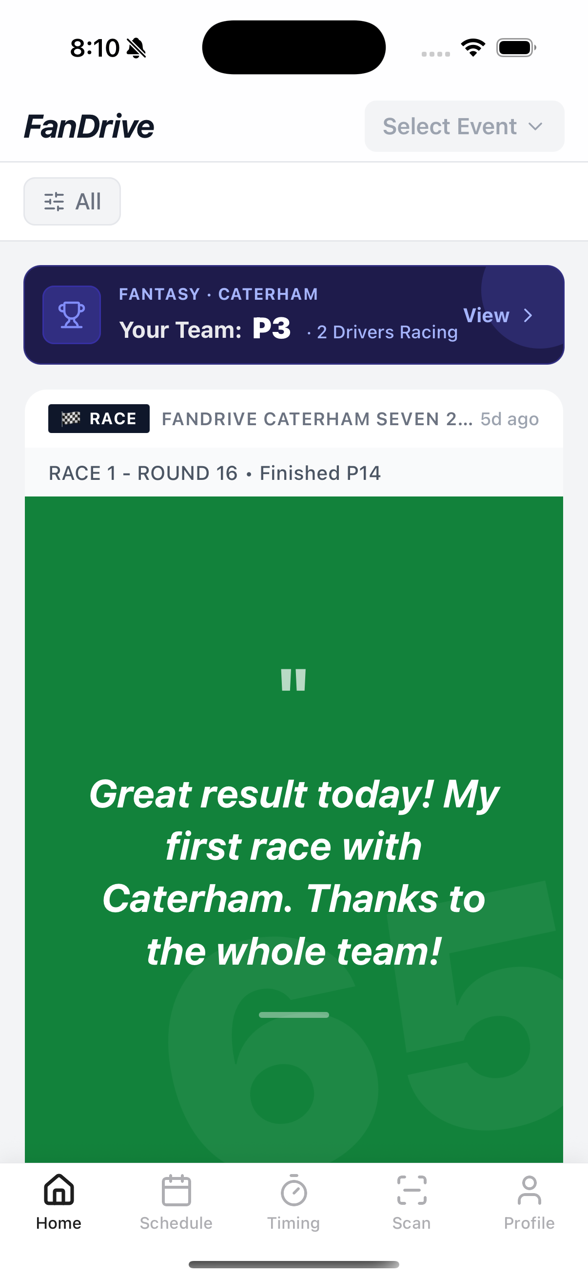 FanDrive fan app showing a personalized race weekend feed